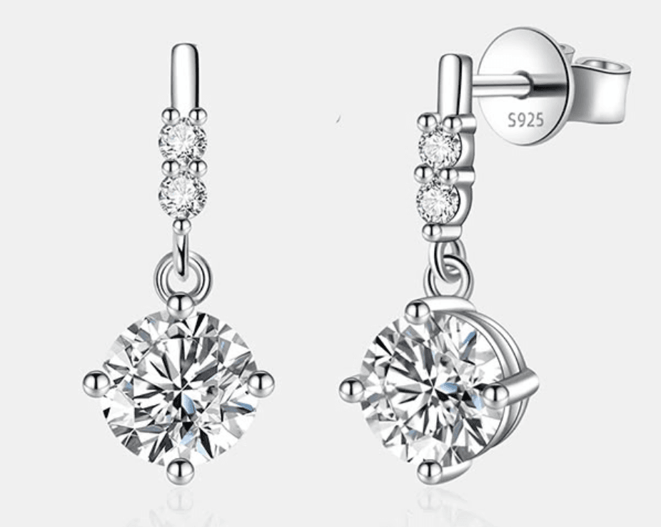 Silver drop earrings with bar and round stone