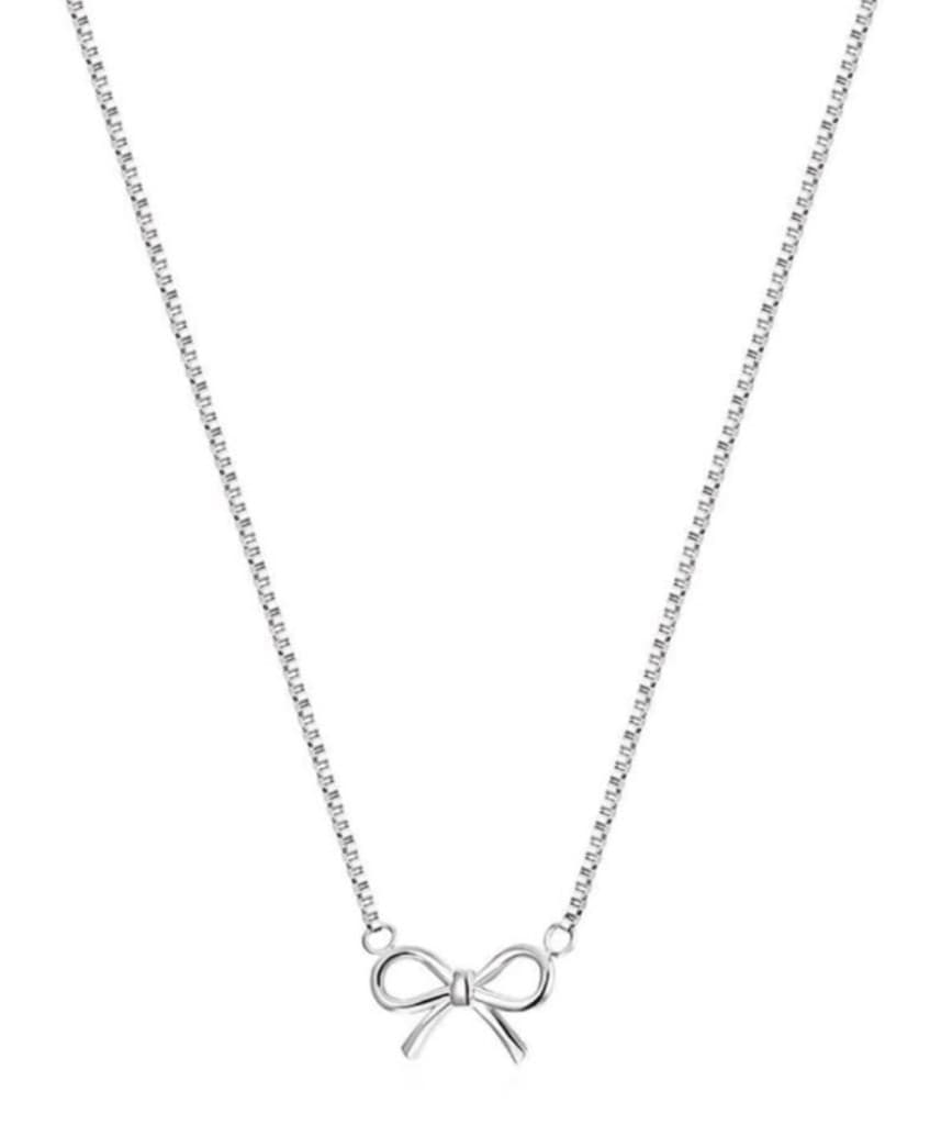 Silver bow pendant necklace on box chain
