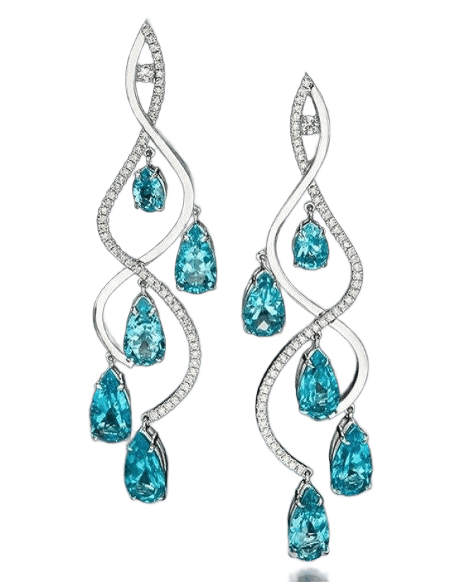 Teal pear-cut chandelier drop earrings in white gold