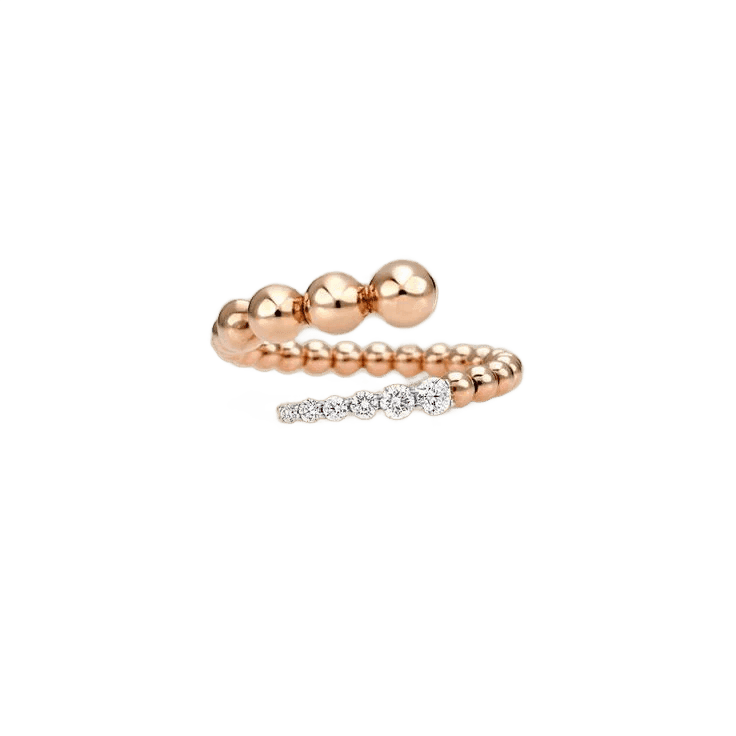 Beaded rose gold bypass ring with a row of diamonds